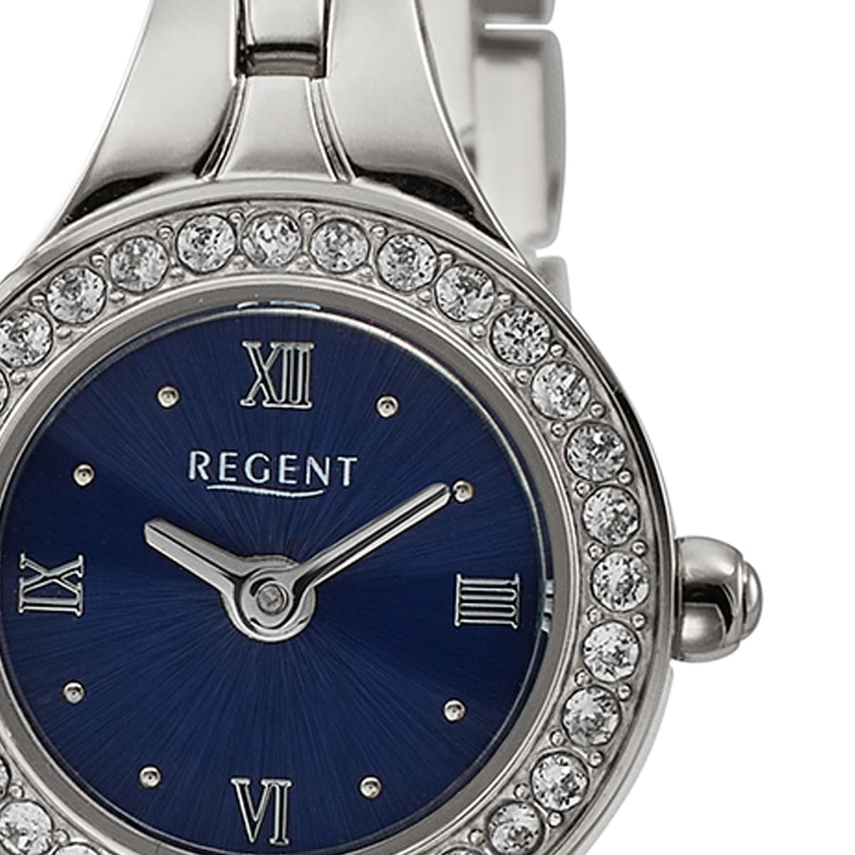 REGENT F-1672 zegarek damski stal szlachetna kolor srebrny/niebieski z kryształkami ramka 19 mm kwarcowy