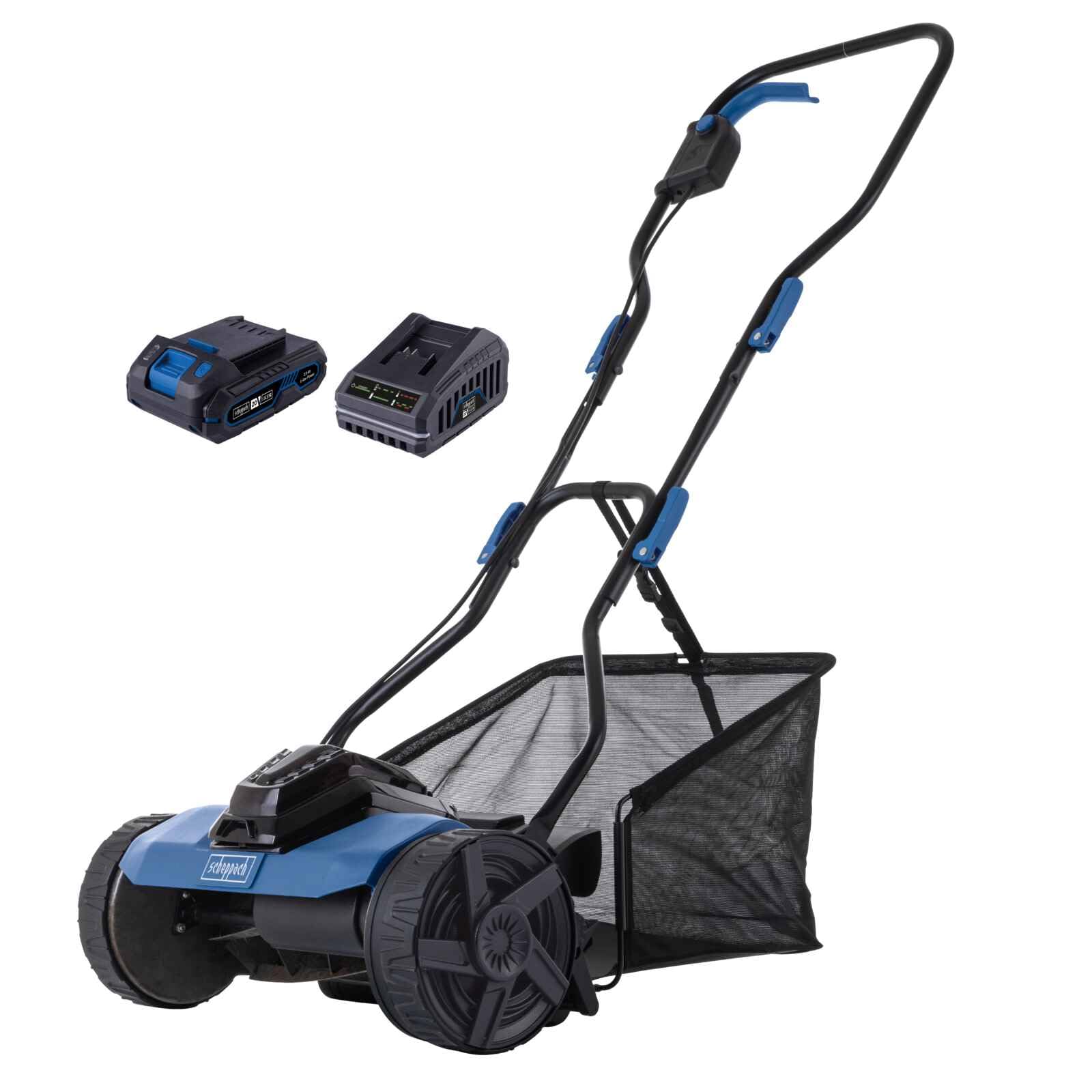 Scheppach Cortacésped manual C-SPM380-X con batería de 38 cm de ancho de corte, superficies de césped de 200 m², cesta de 45 l, altura regulable 14-38 mm, serie IXES de 20 V, con batería de 2 Ah y