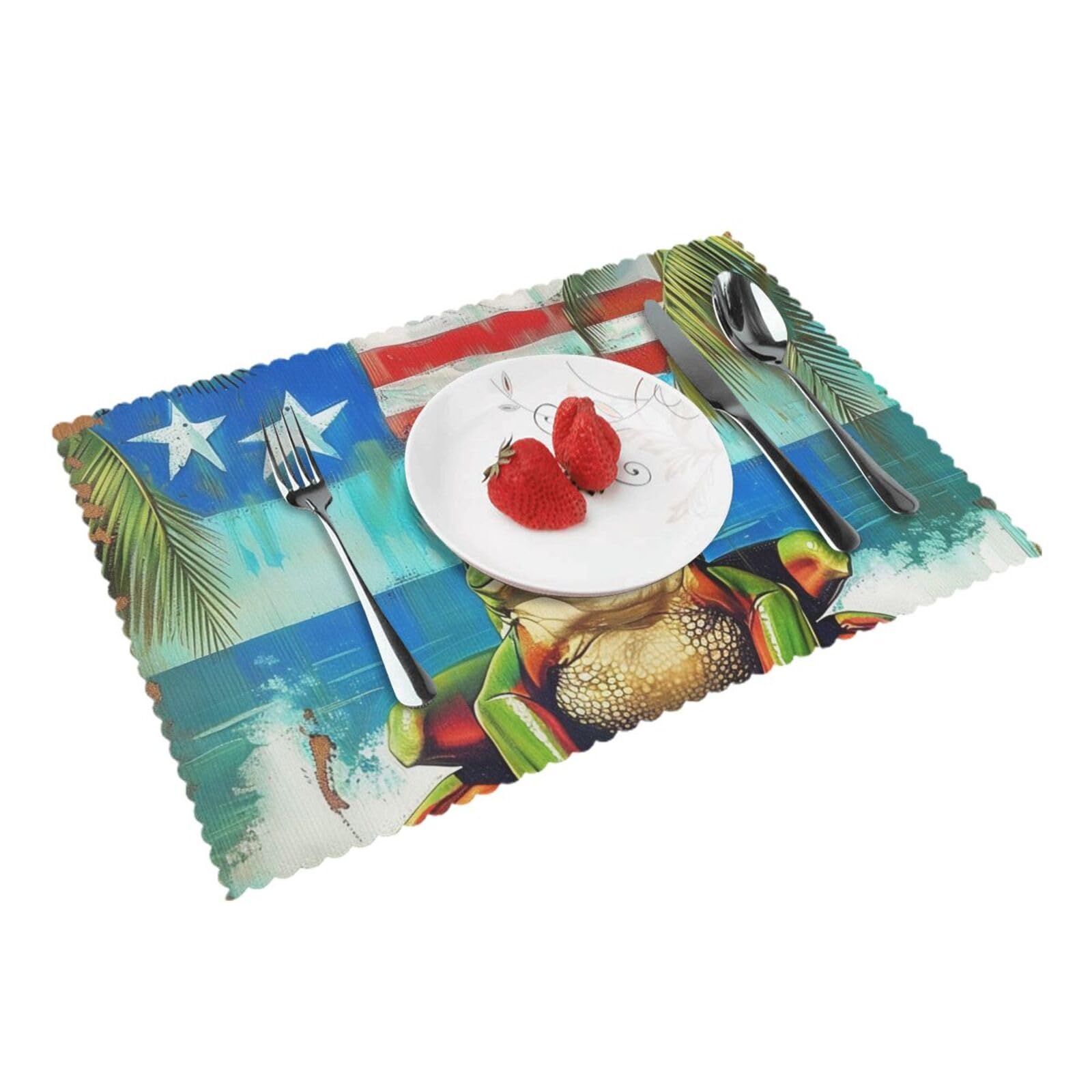 Puerto Rico Flag Frog Palm Trees Printed Placemat Heat Resistant Place Mats Set of 4 PCS Washable Kitchen Table Mats, 12x18 Inch