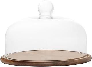 Perco 11" Wood Cake Stand with Glass Dome Lid – Rustic Cake Plate with Cover for Dessert Display, Birthday, Wedding, Kitchen Party, Baking Gift, Charcuterie or Cheese Board Use
