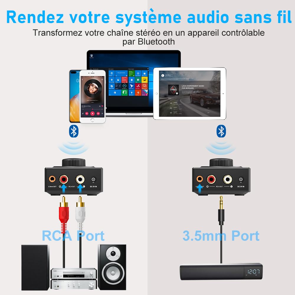 YMOO Recepteur Bluetooth 5.3, RCA 3,5 mm Jack AUX Adaptateur Bluetooth SBC AAC,Stereo Audio HiFi Receiver pour Smartphone, Tablette, Ordinateur Portable, Enceinte Home Cinema,100ft