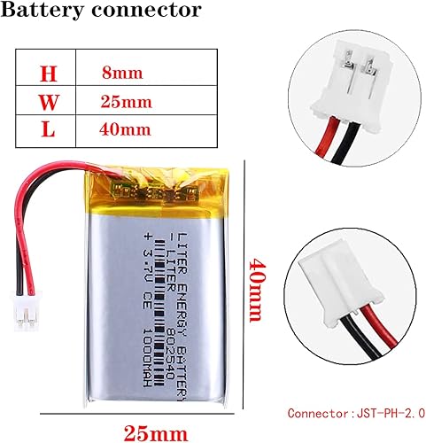 Miniatura 2 de Liter 3.7V 1000mAh 802540 Lipo Batería recargable Batería de iones de polímero de litio con conector JST PH 0.079 in