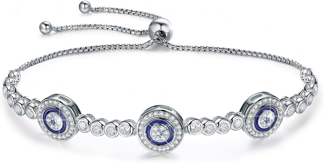 BISAER 925 Sterling Silver Blue Evil Eye Bracelet with Cubic Zirconia Hamsa Adjustable Chain Bracelets for Women