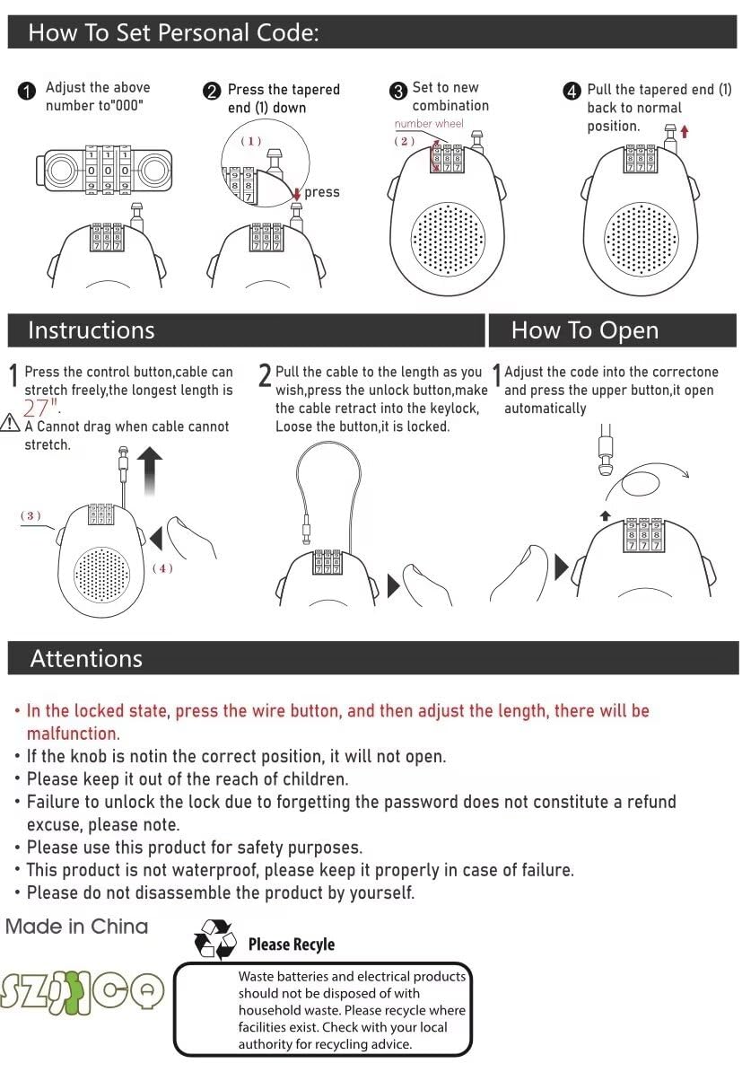 SZCQ Retractable Cable Combination Lock 27 Inch Security Password Lock Steel ABS Padlock for Luggage Travel,Snowboard,Bike,Stroller and Suitcases and Helmet