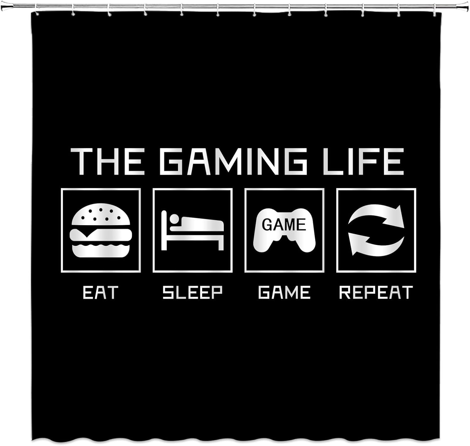 Game Life Extra Long Shower Curtain for Bathroom Decor,Black White Gamer Controller Vedio Funny Quote Eat Sleep Game Repeat Creative Teens Fabric Curtain with Hooks,70x78 Inch