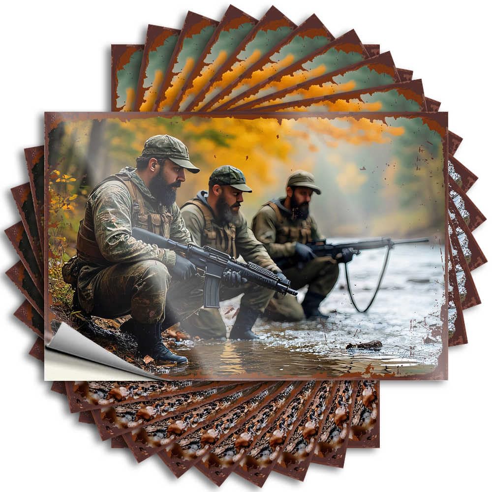 Hot Cocoa Bar Decor Plastic Saying - Three Soldiers in Camouflage Squatting By A River with Rifles Removable Decal Bumper Easy Peel for Double(12X18CM)