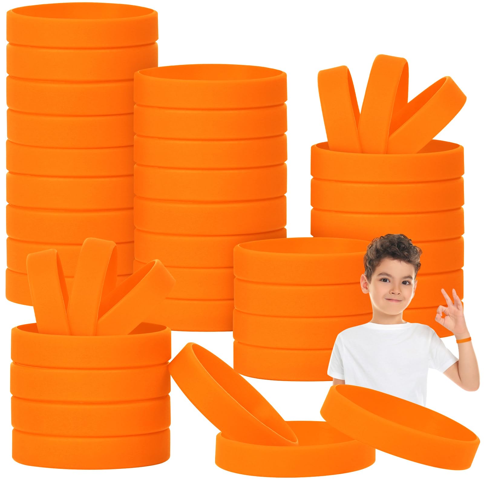 LVNRIDS Silicone Wristbands for kid 100 pcs Sport Party Rubber Bracelets Elastic Wristband Bulk Bracelet for School Teacher Supply Orange