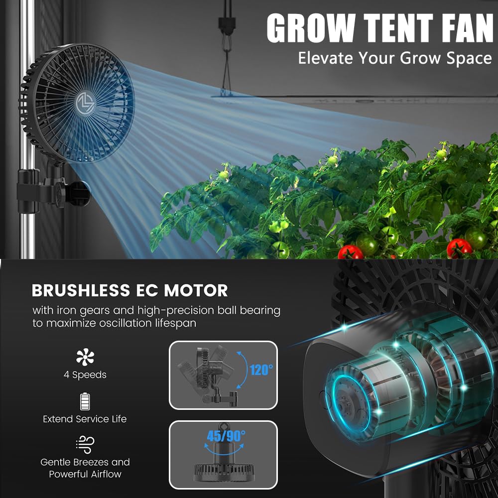 Grow Ventilator mit Clip EC-Motor, 10w Clip-Ventilator Oszillierender, 4-Stufen, 32 dB Umluftventilator leise für Zelt,Anklemmventilator, 150 cm Kabel, Grow lüfter für Zelt und Growbox