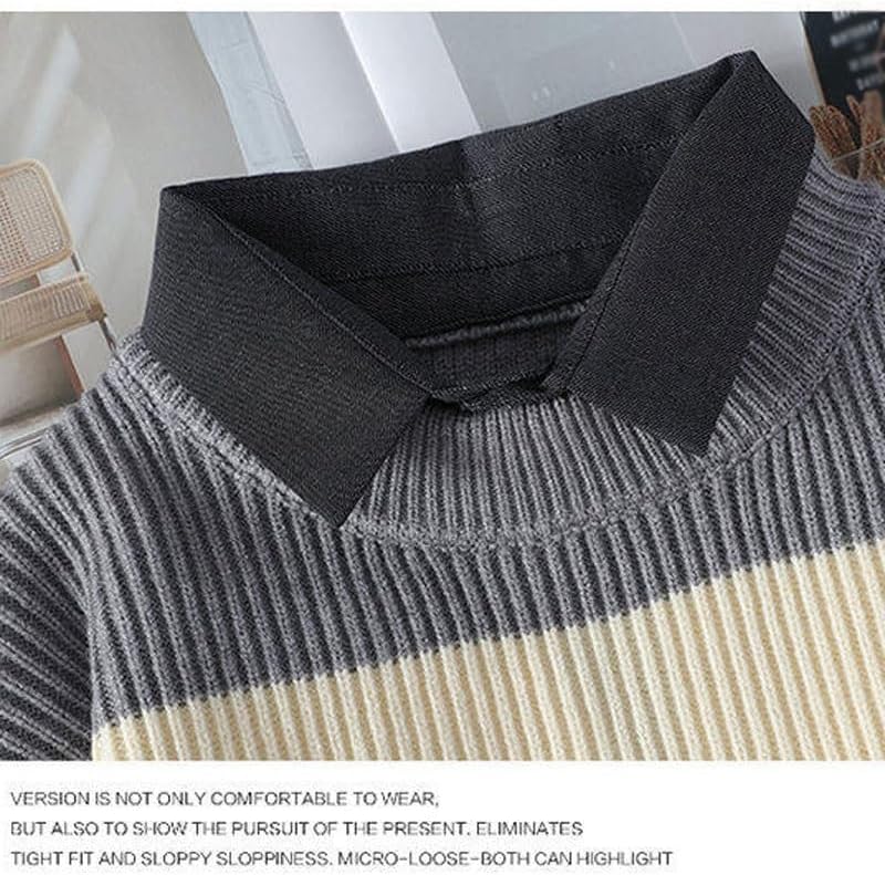 Winter Men's Fake Two Piece Shirt Collar Sweater Stripe Color Matching Casual Men