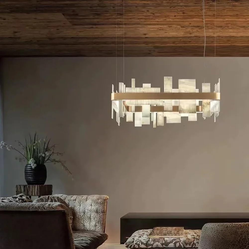 ASerZenith Shards Of Life V-Intage Marble Led Kitchen Island Chandelier For Living Room Home Decoration Pendant Lamp Dimmable Lustre Fixture,Hanging Light,80X80X33Cm-Copper_Warm Light