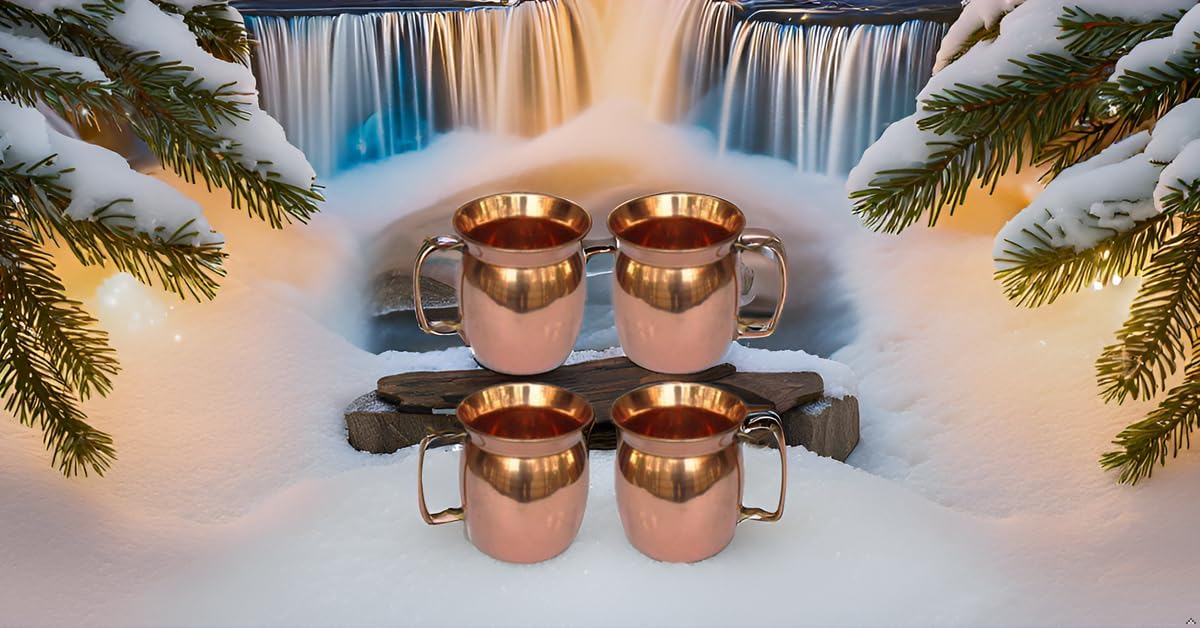 PARIJAT HANDICRAFT set of 4 Copper Mug Cup with Brass Handle Keep Healthy Drinks, Copper Mug with Brass unique design Handle.