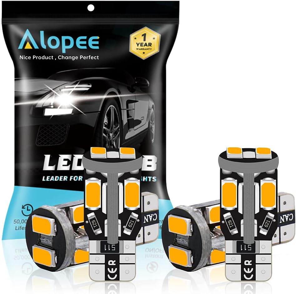 Alopee 4-Pack T10 194 168 W5W 501 Amber/Yellow Canbus Error Free LED Bulbs 10-SMD 2835 Chipsets 12V Car Replacement Bulb For Map Dome Courtesy License Plate Side Marker Light