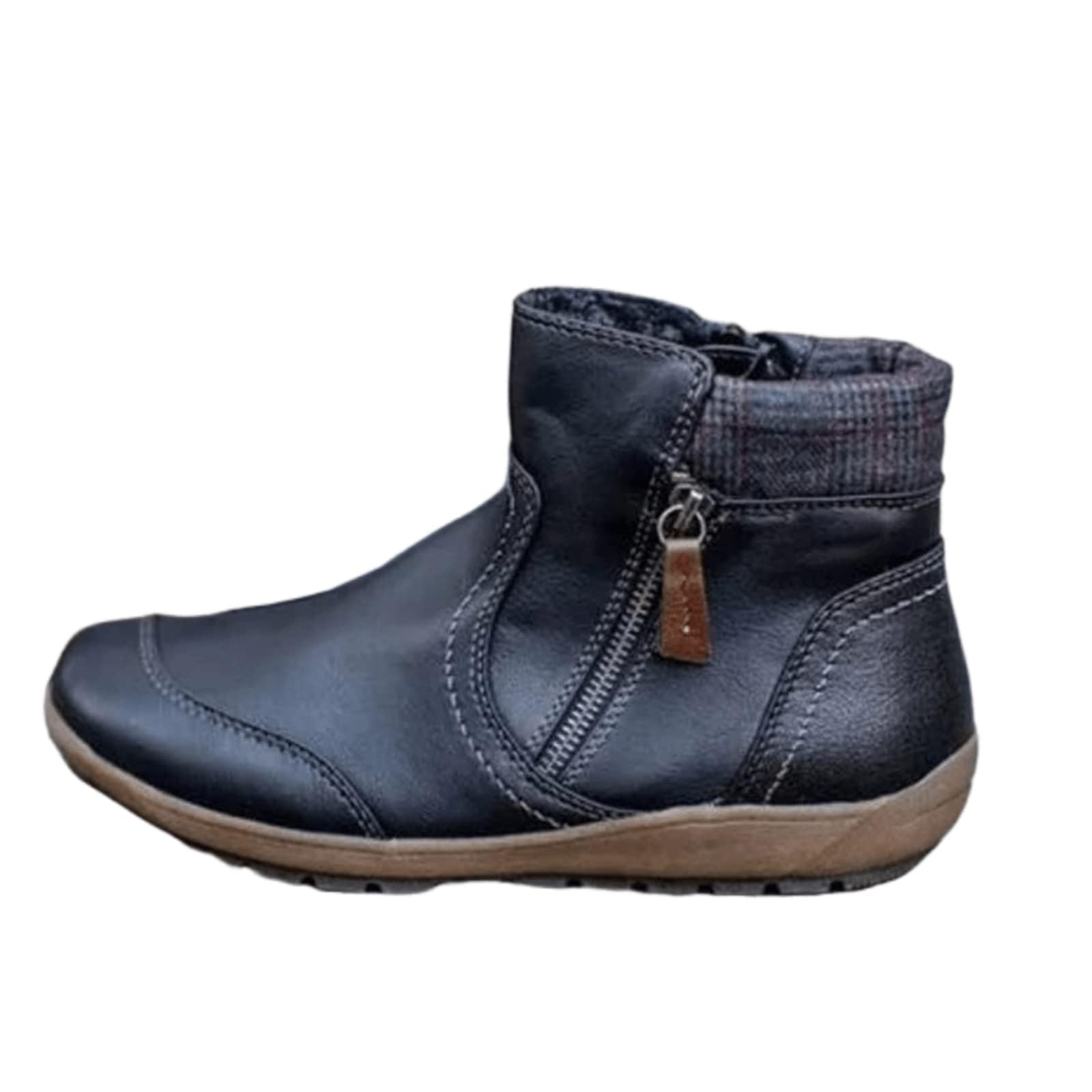 Womens Ankle Boots Flat Booties Casual Short Boots Arch Support Comfortable Walking Boot Leather Zipper Flats Western Cowboy