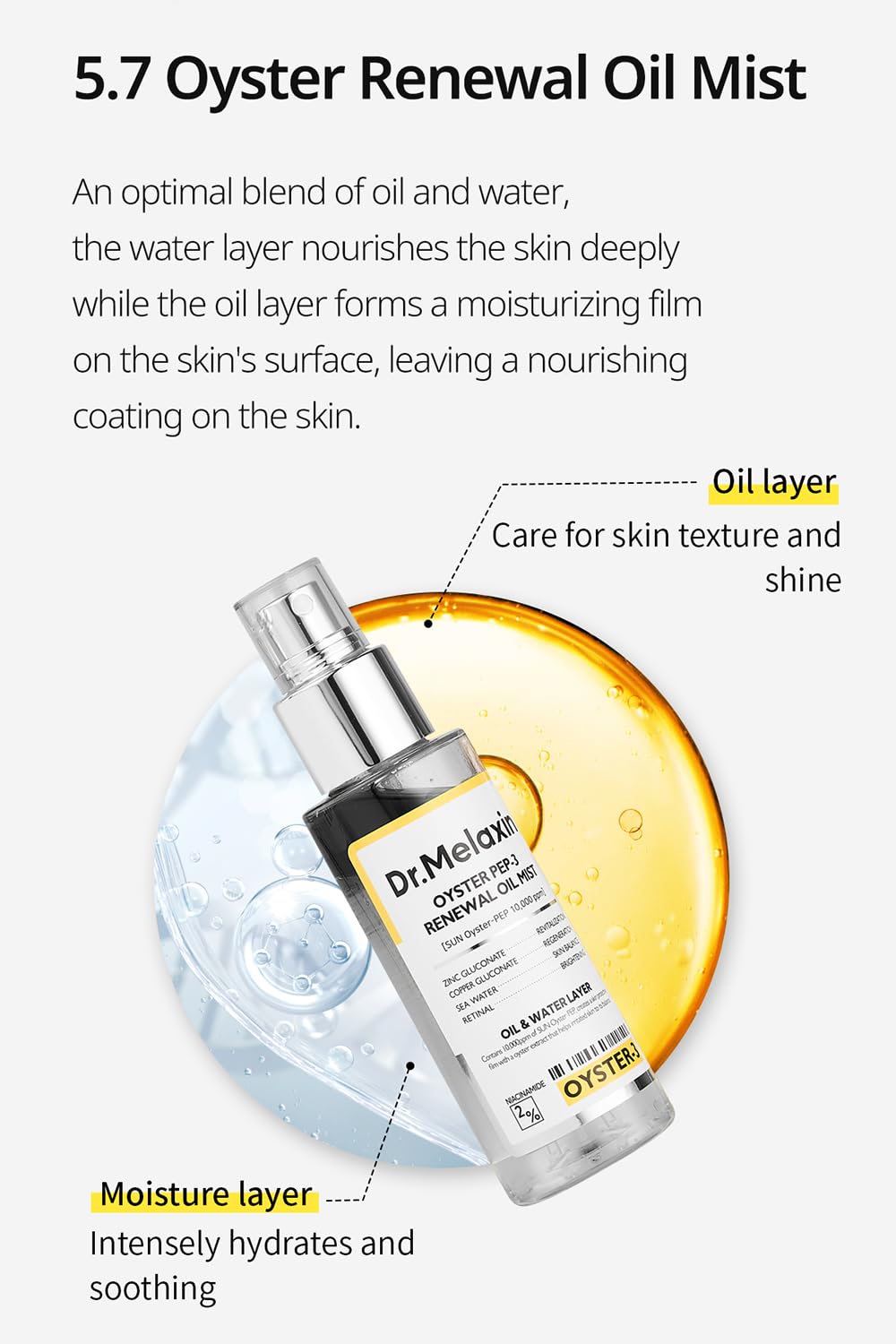 Dr.Melaxin Oyster Pep3 Renewal Oil Mist | Oil & Moisture Double layering formulation, Skin Texture Care & Hydrates and Soothing for Face, Korean Skincare, 3.38 fl oz (100ml)