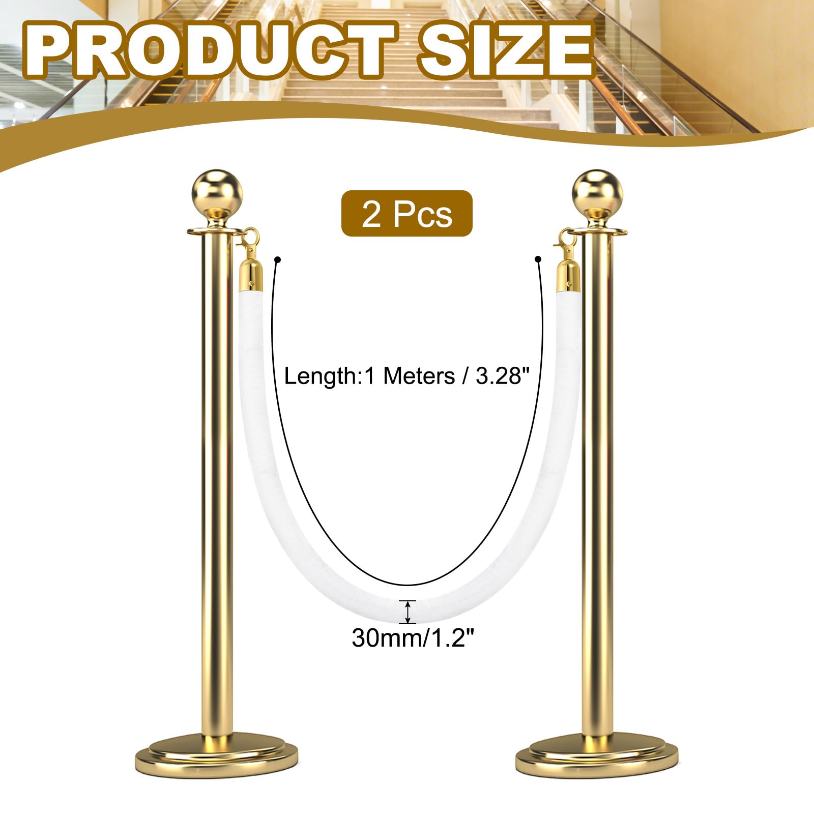 QUARKZMAN Velvet Stanchion Rope 3.28 Ft/1 M, Barrière Corde Velours Avec Mousquetons Pour Posts Supports Séparateur File Contrôle Foule, Blanc Doré Pack 2