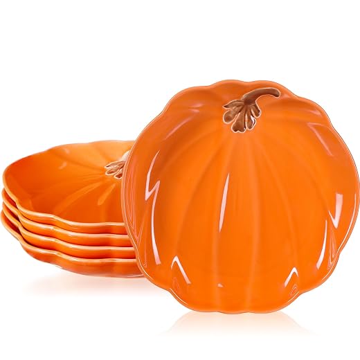 Rtteri 4 Pcs 8 Inch Ceramic Pumpkin Platter for Thanksgiving Halloween Ceramic Pumpkin Plates Versatile Serving Dish for Salads, Fruit, Dessert Smooth Textured Dinnerware Fall Table Decoration