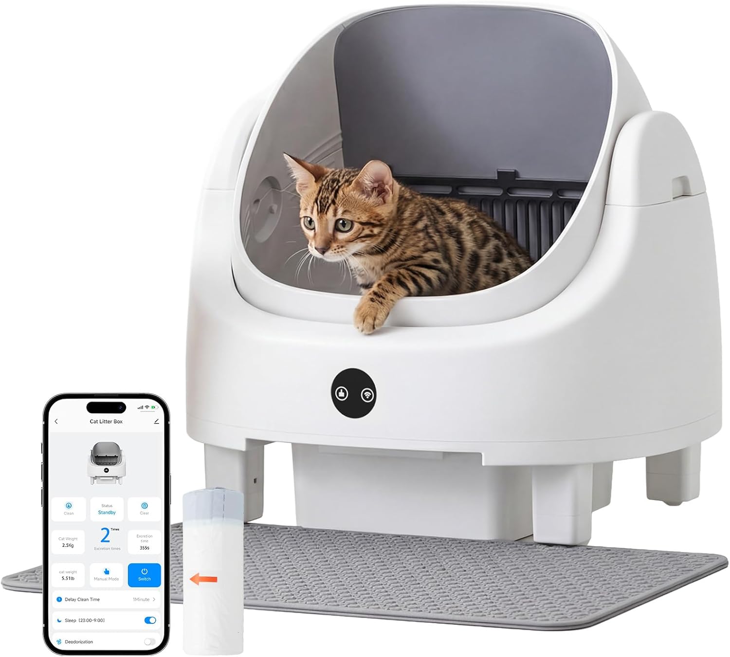 Self Cleaning Litter Box Safety Protection and Odor Control Automatic Litter Box App Control for Cats with Cat Litter Mat, Garbage Bag ＆ Scented Box