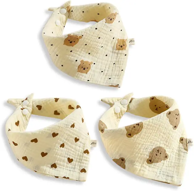 Lot de 3 bandanas bébé ajustables en mousseline de coton - Bavoirs triangulaires