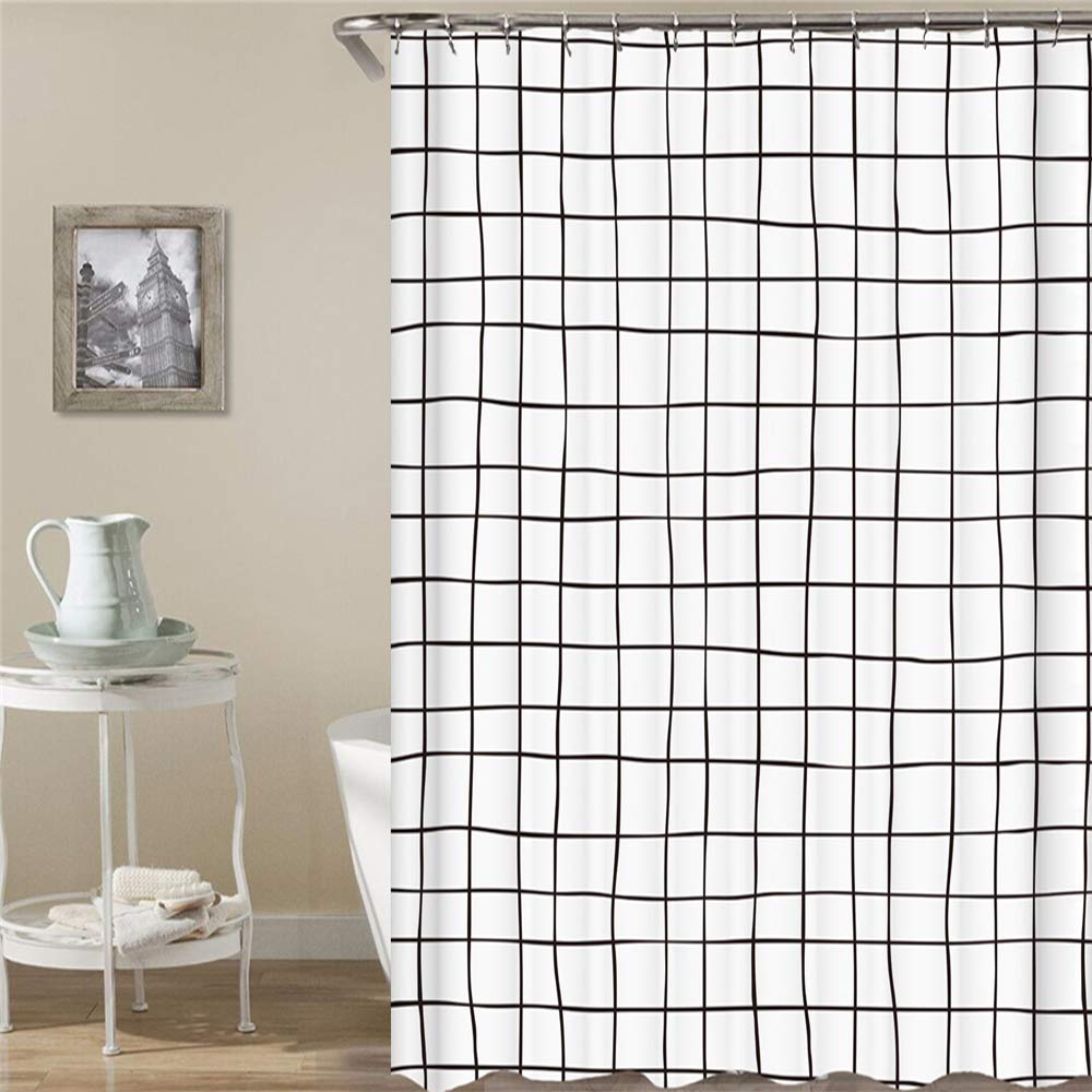 Chickwin White Plaid Shower Curtain With Hooks, Waterproof Mold Proof Shower Liner Polyester Dry Quickly For Bathroom Decorative Curtains 3D Black And White Pattern (165X180cm,)