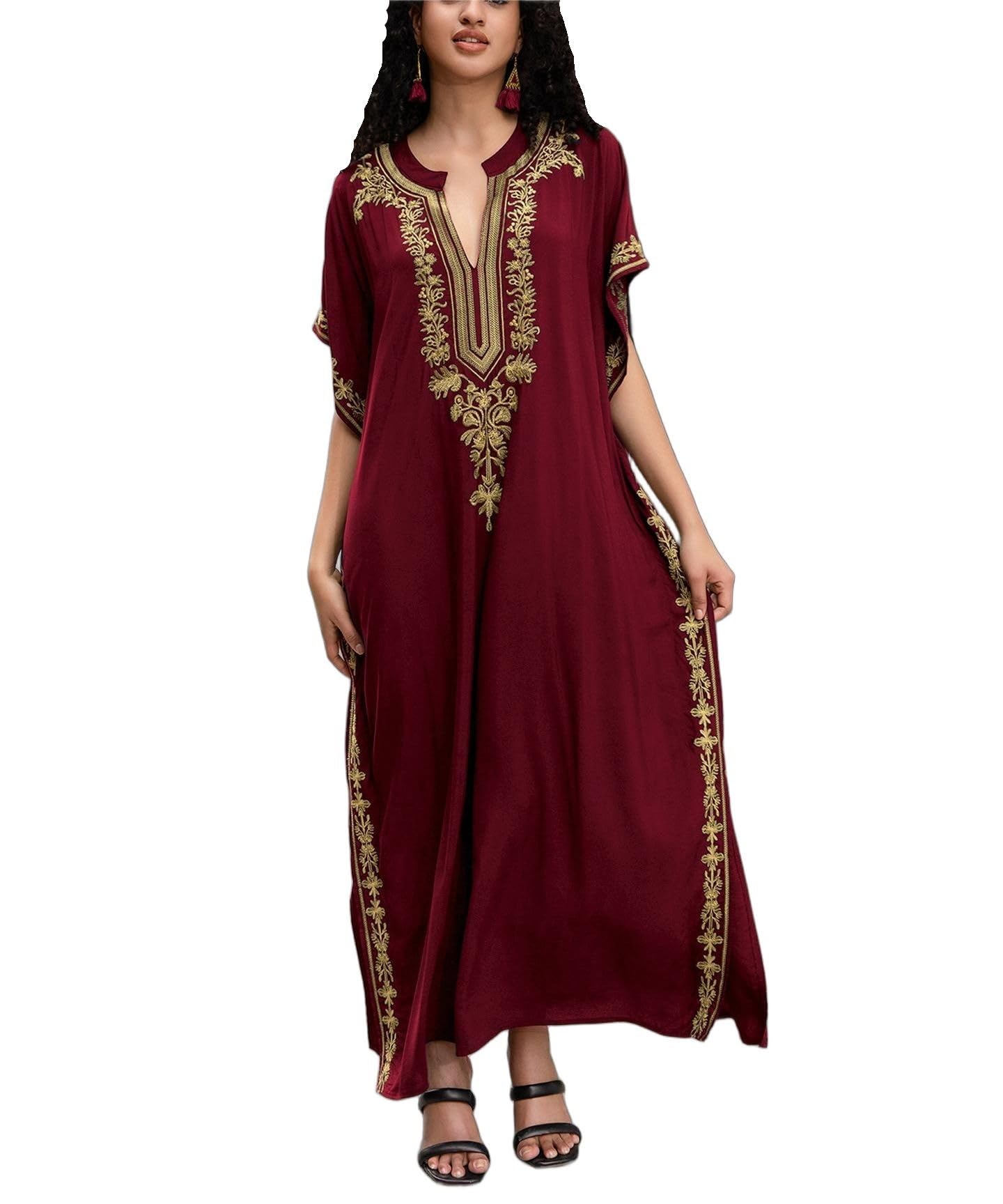 Kaftan Dresses for Women Embroidered Short Sleeve V-neck Plus Size Caftan Bikini Swimsuit Cover-Up Long Beach Dress