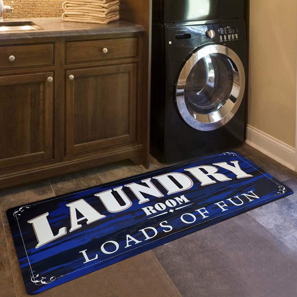 USTIDE Blue Modern Carpet for Laundry Room Chef Rug Non-Slip Laundry Rug for Laundry Room Rubber Mat for Mudroom Farmhouse Sink Basement (20X48, Black/Blue)