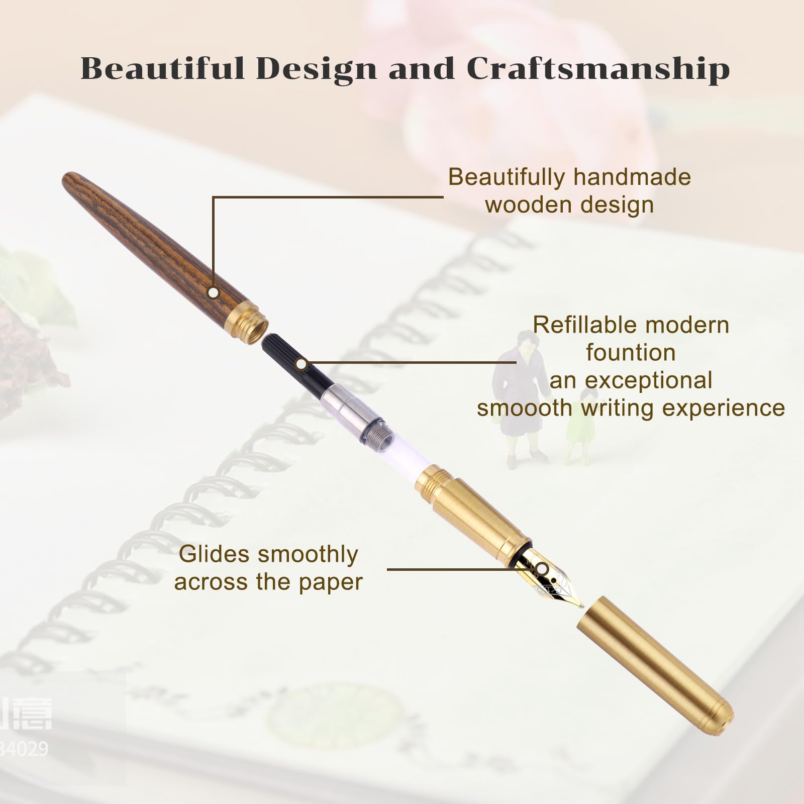 Amaxiu Stylo plume en bois, pointe fine, stylo de luxe fabriqué à la main avec 12 cartouches d'encre de 2,6 mm, stylo en bois vintage pour affaires, calligraphie, cadeaux