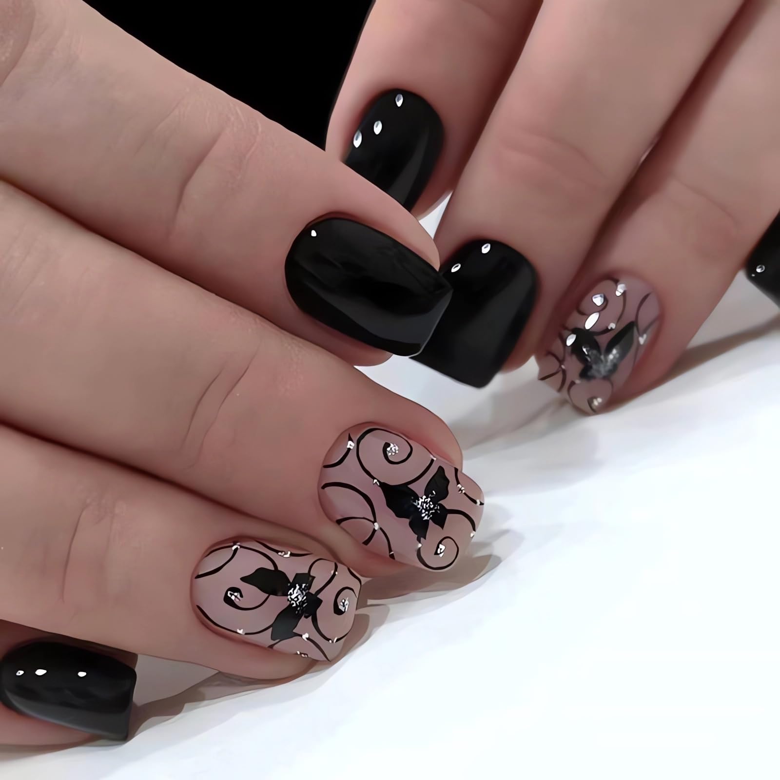 Extra Short Press on Nails Square Black Fake Nails Glossy Acrylic Glue on Nails Butterfly Rhinestone Designs Gel Nails Press ons Cute Stick on Nails