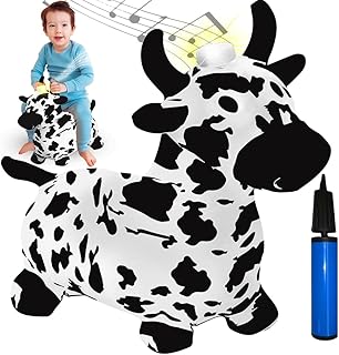 Light Up Bouncy Horse Toy, Cow Hopper Horse with Music, Ride on Horse, Inflatable Animal Hopper for Active Indoor and Outdoor Play, Inflatable Plush Animal Covered Cow Toy for Kids (Pump Included)