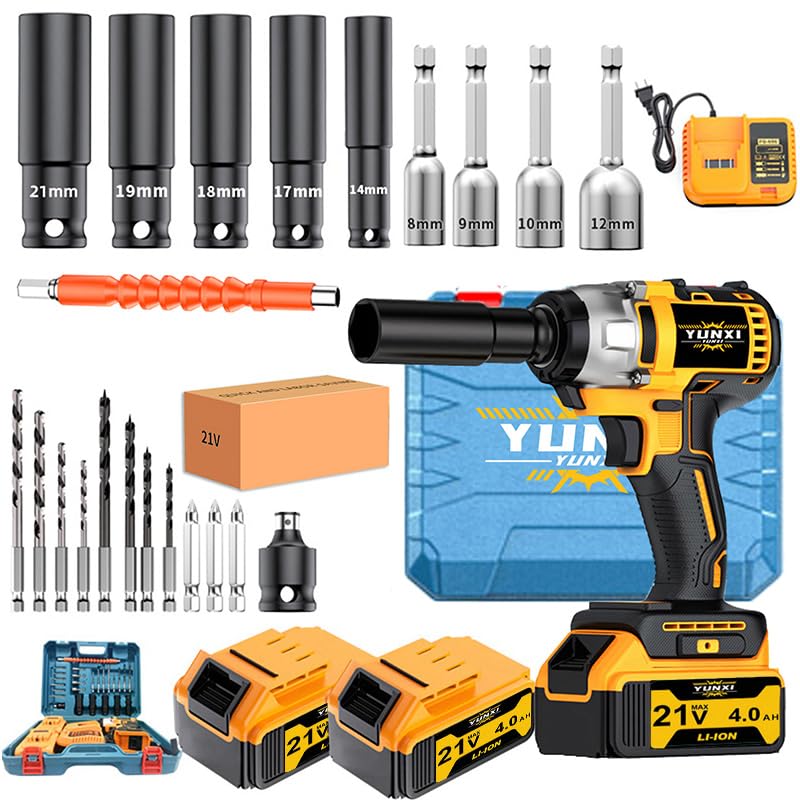 Image of cordless impact wrench drill kit, brushless electric impact gun drill, optional battery, toolbox, charger, socket and complete set of accessories (Machine+good battery * 2+plastic box)