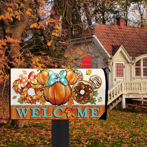 Image of Welcome Fall Mailbox Cover Magnetic Standard Size 21 inchx19 inch, Autumn Pumpkin Wreath Doughnut Decorative Post Letter Box Wrap Decor, Thanksgiving Garden Yard Outdoor Decoration