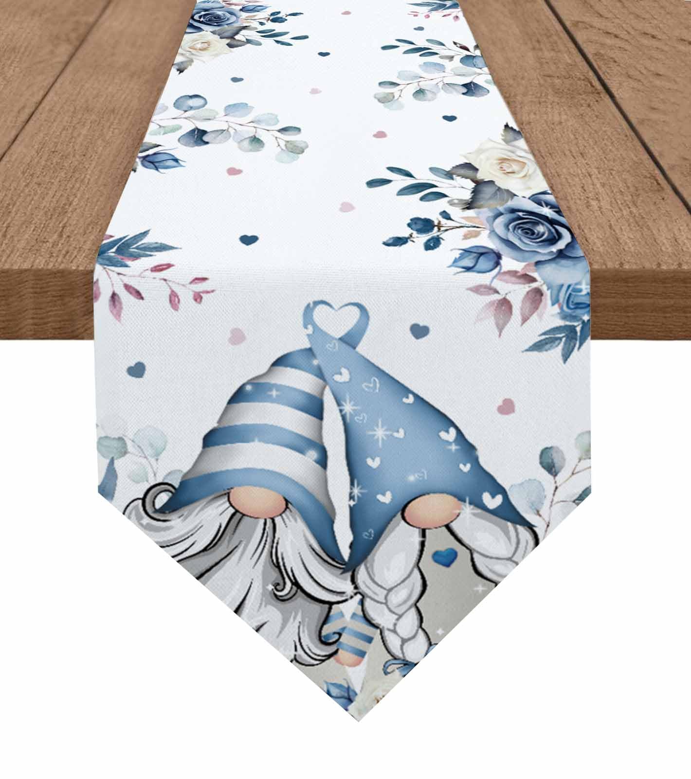 Valentine's Blue Cotton and Linen Triangle Table Runners 72 Inches Long, Dresser Scarves Table Decoration for Wedding Party/Graduation Ceremony/Banquet 18x72 Gnomes Rose Flower Eucalyptus Leaves