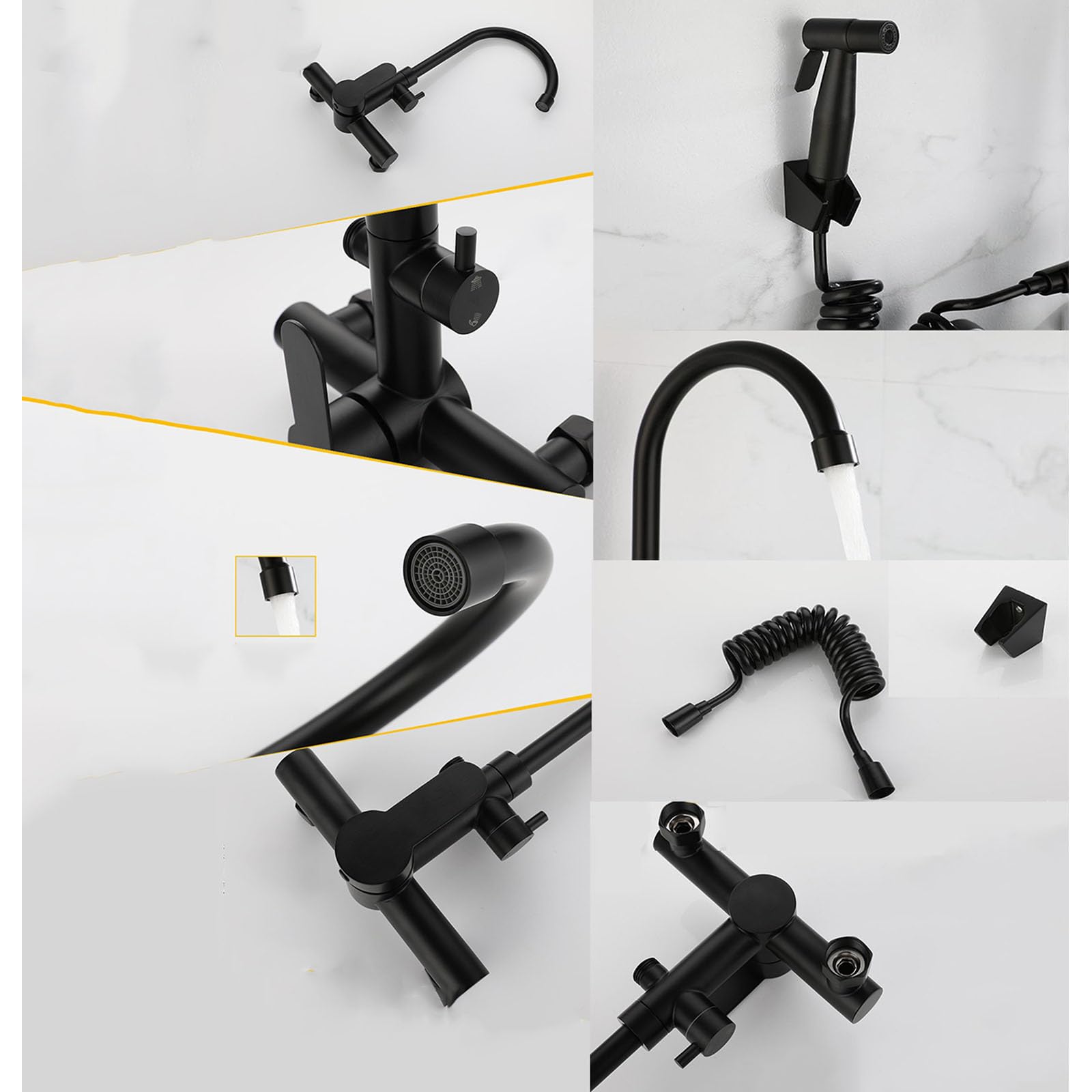 Grifo de Cocina Monomando de Pared con rociador, Grifo Monomando para Fregadero, caño Giratorio, Grifo Monomando de Cocina de 2 Orificios, Color Negro