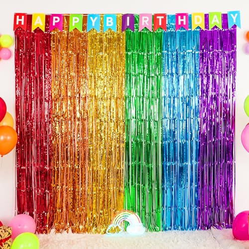 Image of Rainbow Foil Fringe Curtains, 2 Pack 3.3x6.6ft Rainbow Metallic Tinsel Metallic Streamers Holiday Photo Booth Props Backdrop for Rainbow Birthday Wedding Bridal Shower New Years Party Decorations