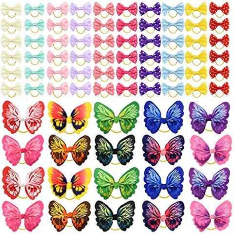 Tongcloud 80 pcs Dog Hair Bows with Rubber Bands Butterfly Dog Knotted Bows Pet Hair Bows Ties Elastic Hair Bands for Puppy Dog Cats Hair Accessories (20 Color) Cover