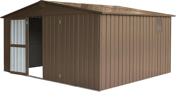 Backyard Storage Shed 11 x 12.5 with Galvanized Steel e Windows, Outdoor GShed Metal Utility Tool Storage Room with Lockable Door for PatioBrown