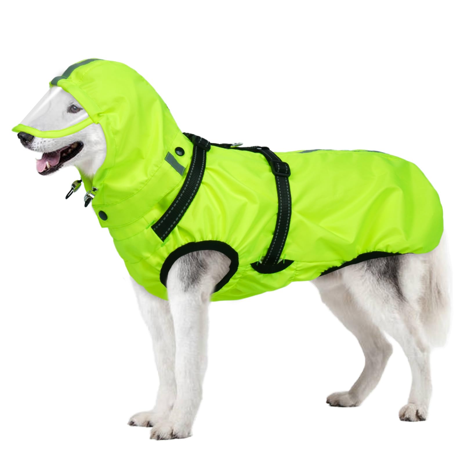 OUOBOB Dog Raincoat Waterproof, Rain Jacket with Reflective Strips, H-Harness (D-Ring) & Detachable Hood with Visor, Ideal for Medium/Large Dogs [Neon Green, Size 2XL]
