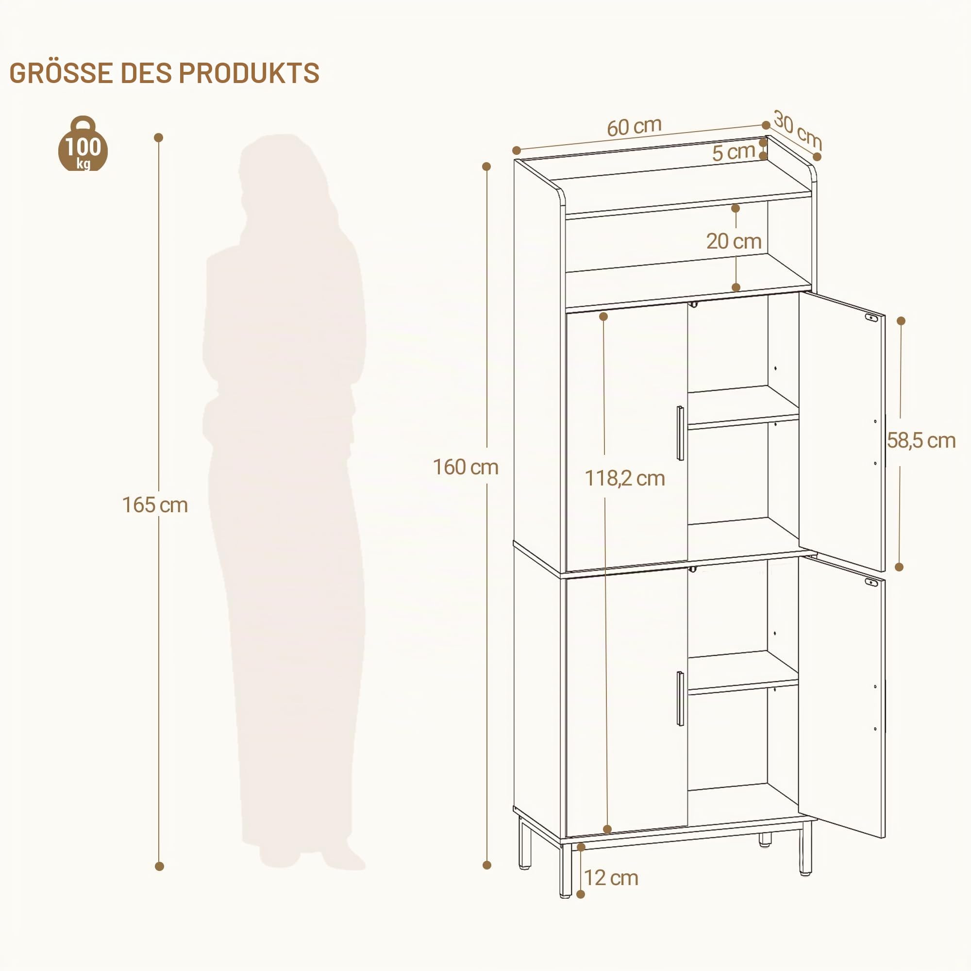 Hzuaneri Badezimmerschrank mit 4 Türen und 1 offener Bereich | Badschrank mit Verstellbare Ablage, Aufbewahrungsschrank, Badezimmer, Wohnzimmer, 30 x 60 x 160 cm, Weiß SC45713W
