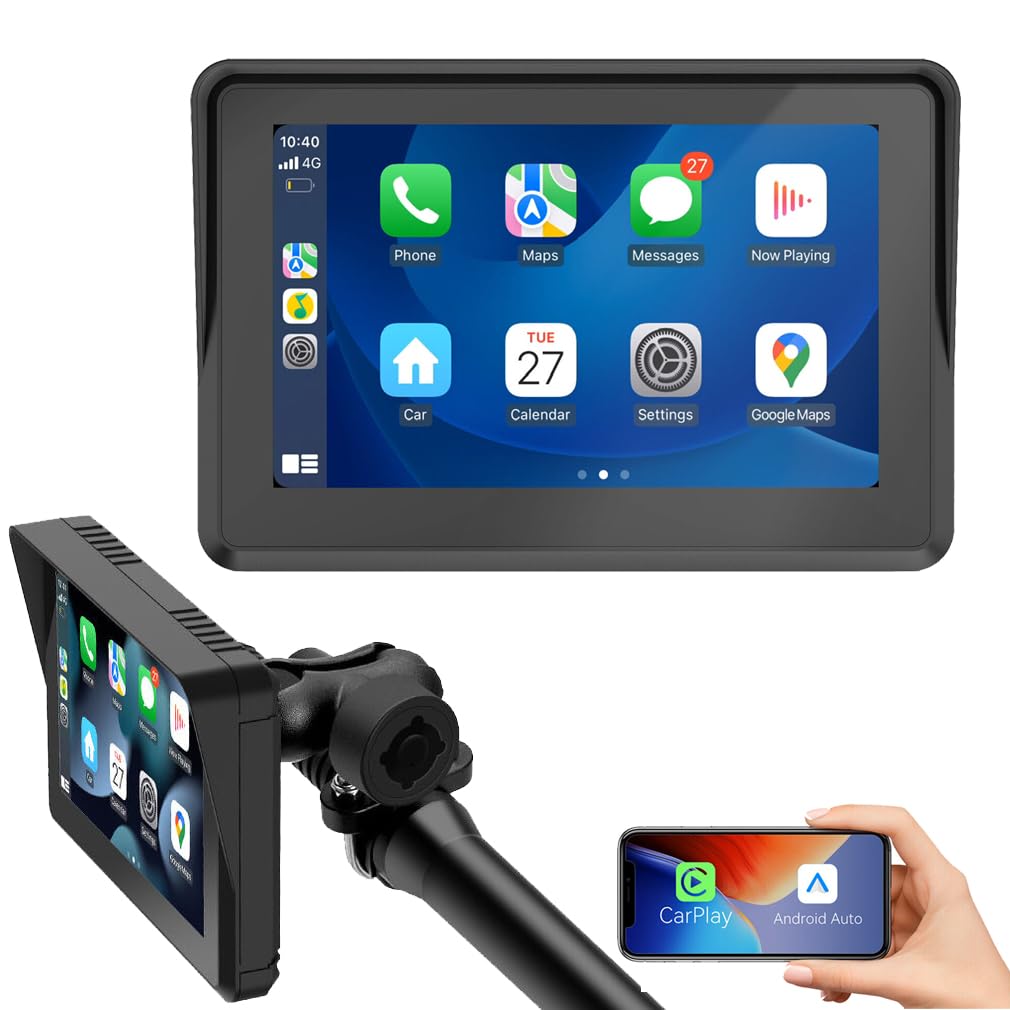 XRC TECH - Pantalla táctil IPS HD de 5 pulgadas portátil para motocicleta, navegador GPS, inalámbrico, CarPlay/Android Auto IPX7, impermeable, función Bluetooth dual 5G, WiFi, control de voz antirrobo