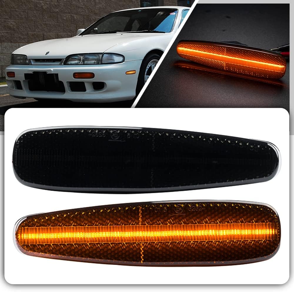 nsautolighting Full LED Side Marker Lights Side Indicator Lamps for Nissan 240SX(S14) 1995-1998 Smoked Lens Side Repeater Amber LED Front Bumper Turn Signals Side Marker Assembly
