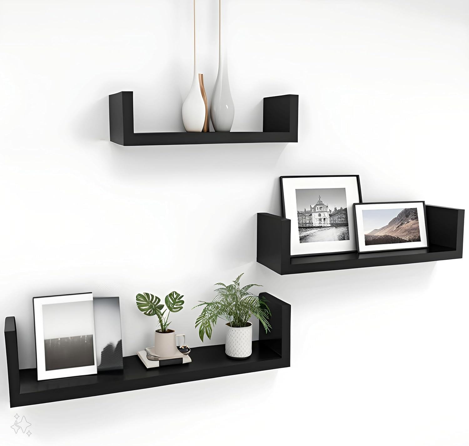 Engineered Wood Glossy Wall Mount Floating Hanging Shelf for Room Wall and Home Decor Items and Storage Organizer (Standard, Black), Set of 1