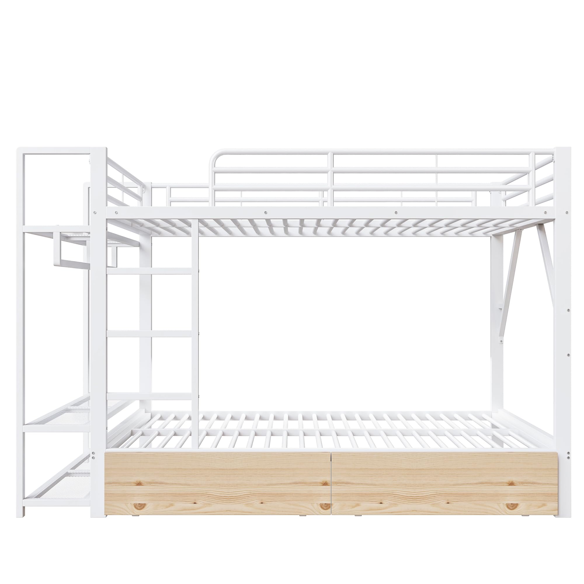 Letto a soppalco 140x200cm con striscia luminosa a LED e appendiabiti,metallo letto a castello con 2 cassetti e ripiani multipli,ferro letto matrimoniale,letti per ado,senza materasso,Bianco