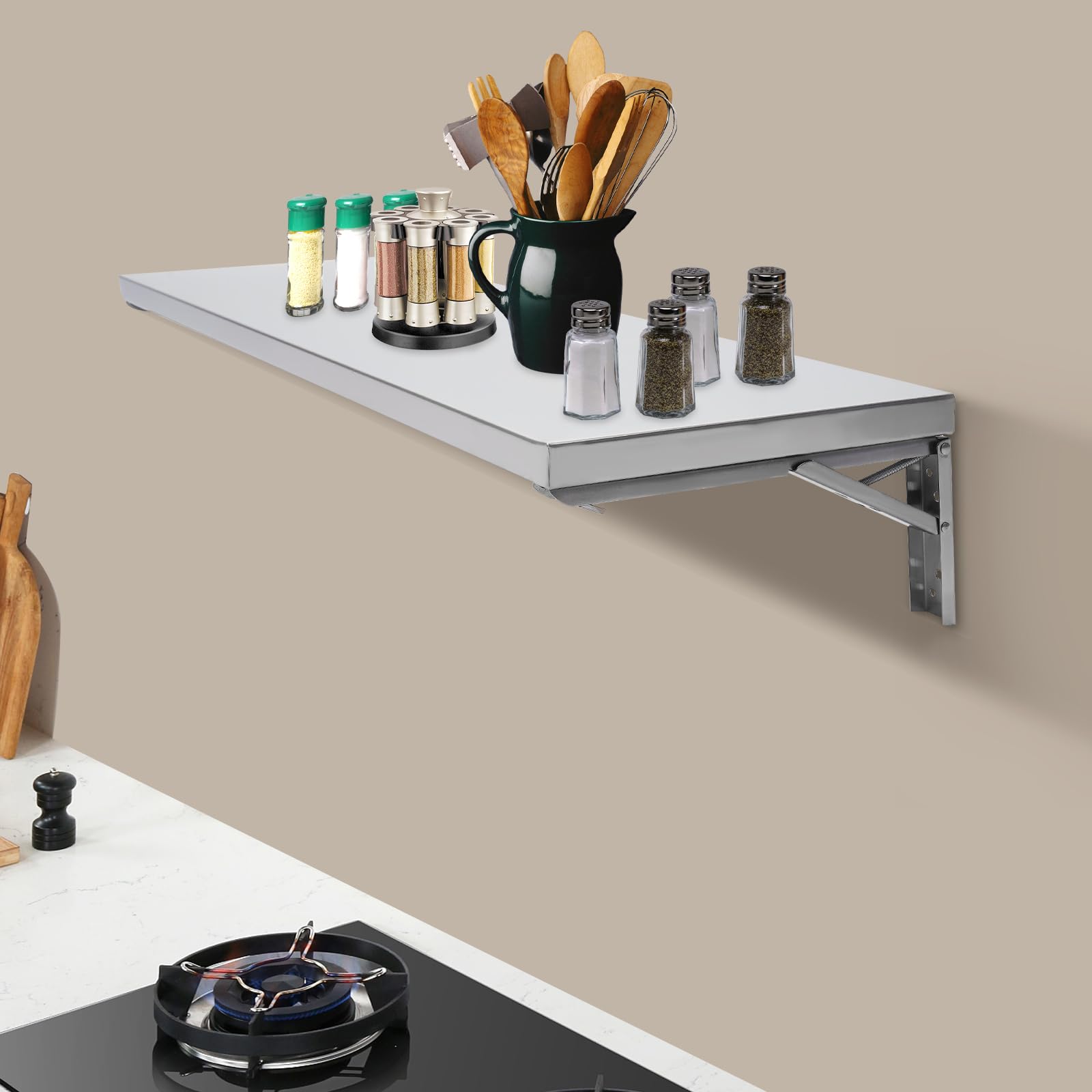 HOLMZCED Concession Shelf, Stainless Steel Folding Wall Shelf Drop Down Serving Food Shelf Wall Mounted Floating Shelving for Kitchens Food Carts Bar Bathrooms