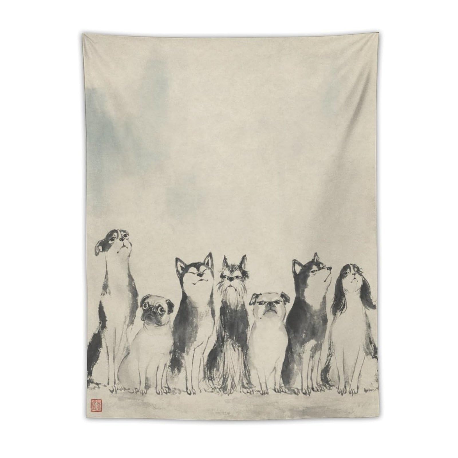 H3B8U2Y5 White Dog Group Wall Tapestry, Asian Ink Style, Apartment