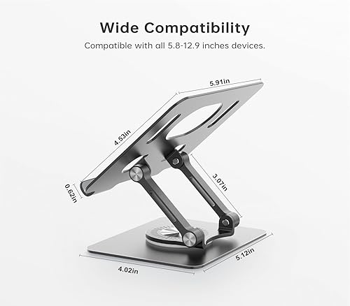 Miniatura 6 de Soporte para tablet con base giratoria de 360, soporte ajustable de aluminio para tableta de doble varilla para escritorio, compatible con iPad,