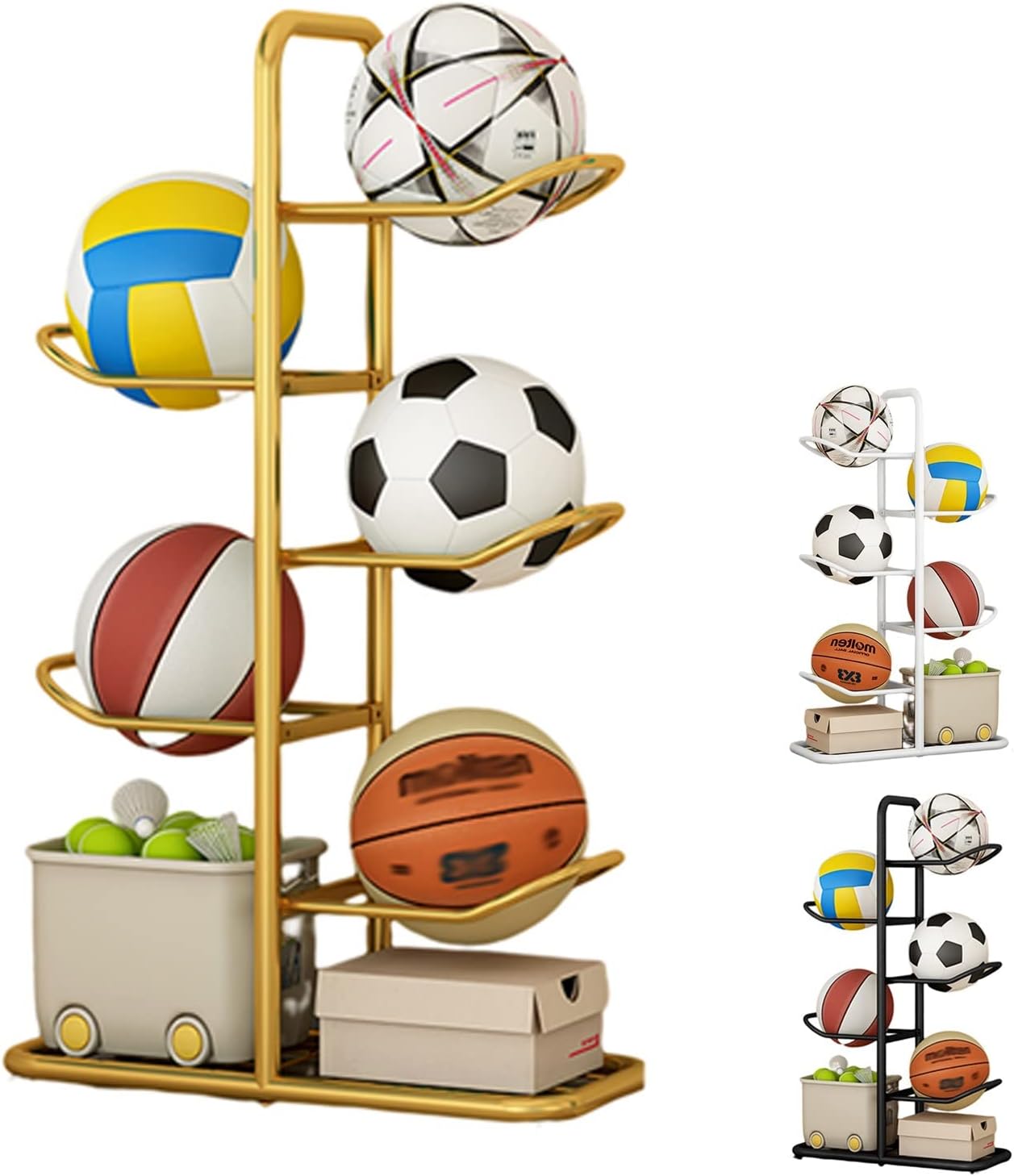 Vertical Metal Ball Storage Rack - Multi-Functional Sports Organizer Holder, Space-Saving Design, Easy to Carry, Durable Steel, White Color, Size: 86x24x58cm