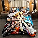 Guitar Comforter Rock Music Bedding Sets Lightning Guitar Comforter Set for Kids Boys Girls Musical Instrument Music Theme Duvet Sets with 1 Comforter and 2 Pillow Cases Bedroom Decor Full Size
