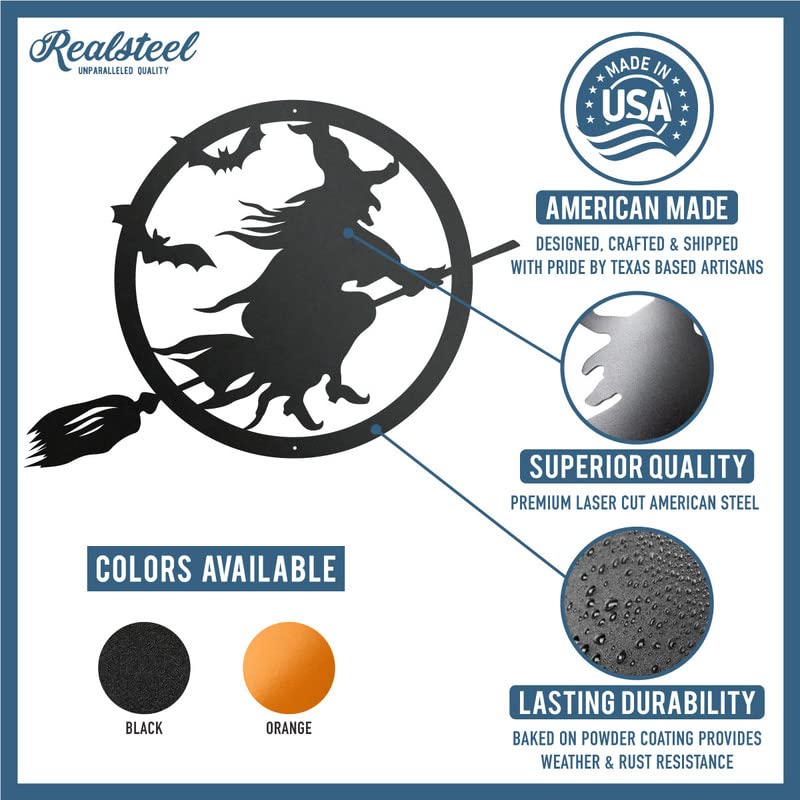 RealSteel Witch Halloween Decoration - Metal Broom Riding Décor - Scary Indoor Outdoor Wall Sign for Haunted Houses - Wicked Witch Flying Porch Art - Flying Bats Front Door Art (12, Black)