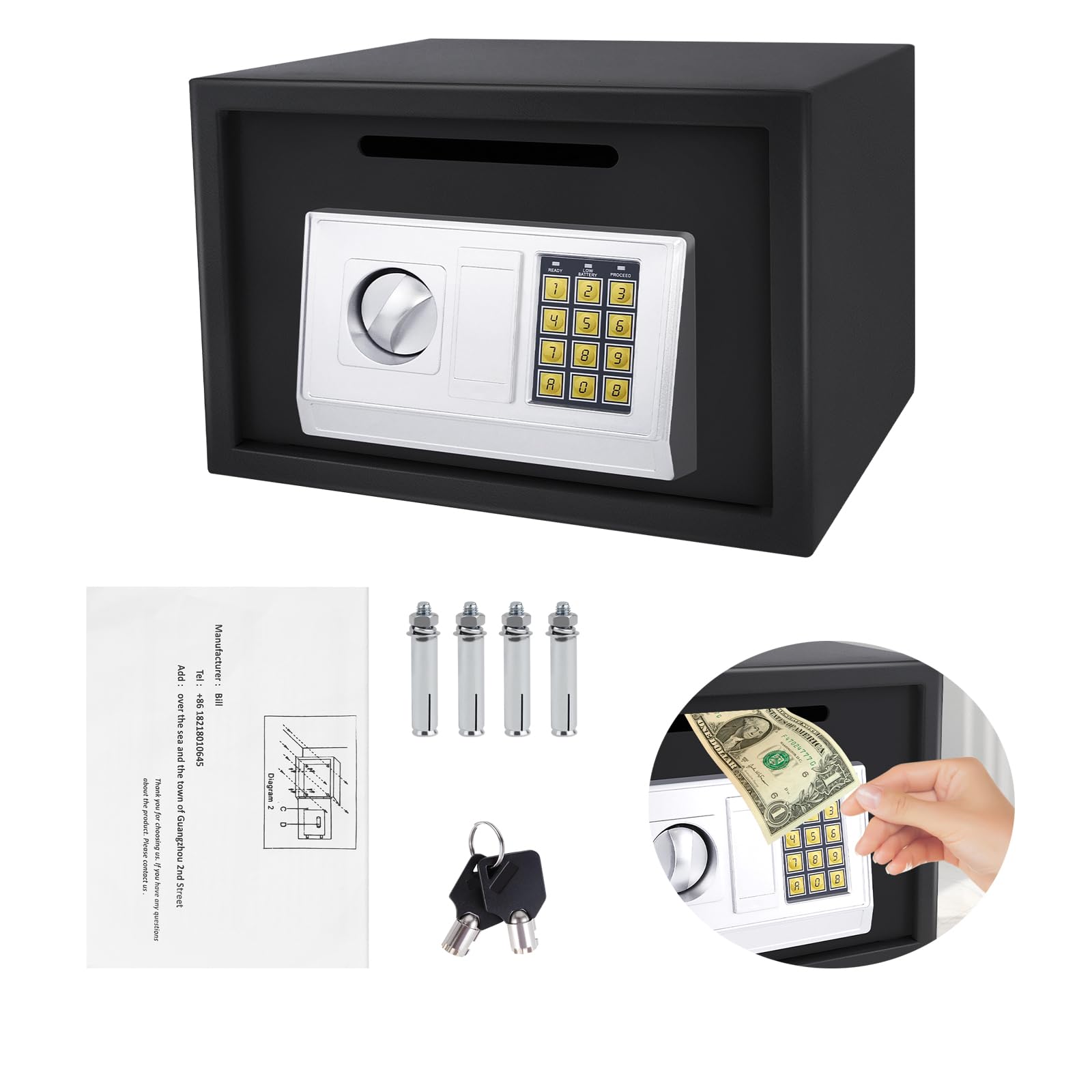 Safe Box 16L Home Safe Fireproof with a Coin Slot, Digital Security Safe with 2 Keys and Digital Keypad, Removable and Adjustable Shelf for Cash Documents Jewelry Valuables, Black