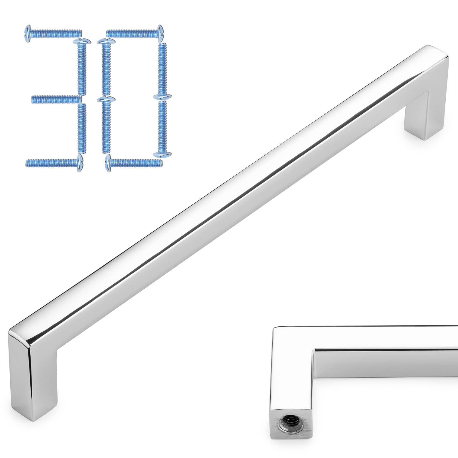 KOOFIZO 30-Pack Solid Square Bar Cabinet Handle - Chrome Furniture Pull, 6.3 Inch/160mm Screwhole Distance for Kitchen Cupboard Door, Bedroom Dresser Drawer, Bathroom Wardrobe Hardware — image 1