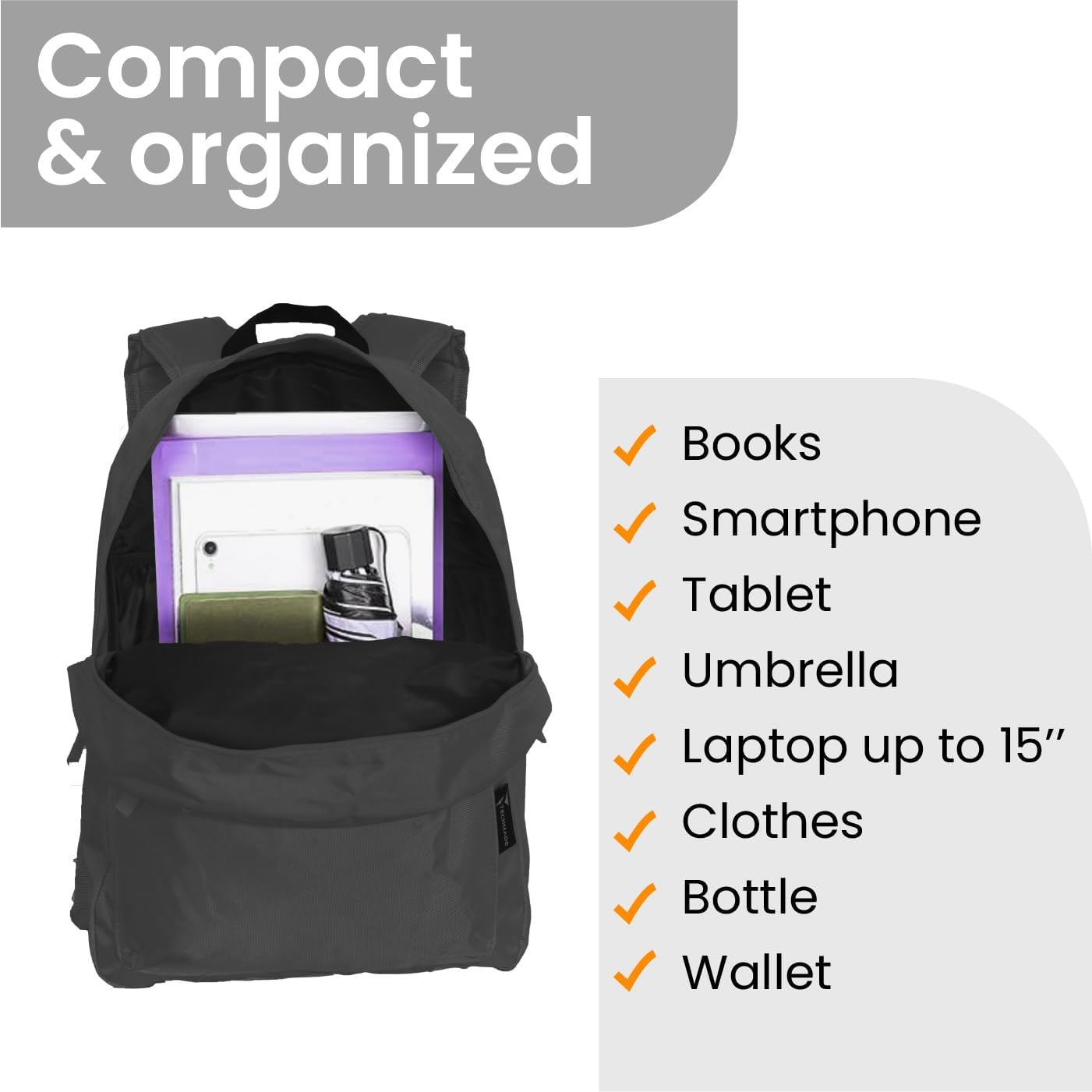TECHMADE Zaino Scuola e Porta PC 15" Leggero e Capiente – Zaino Bagaglio a Mano 31.5x13.5x43 cm Compatibile Ryanair EasyJet – Multitasche Ergonomico per Lavoro, Scuola e Viaggi – UNISEX, (Nero)